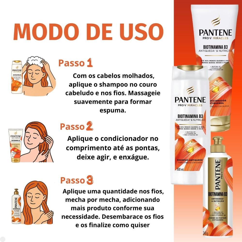 Kit Pantene Biotinamina B3 Antiqueda e Nutrição: Shampoo 300ml e Condicionador 250ml + Creme de Pentear 240g ÚNICO 4