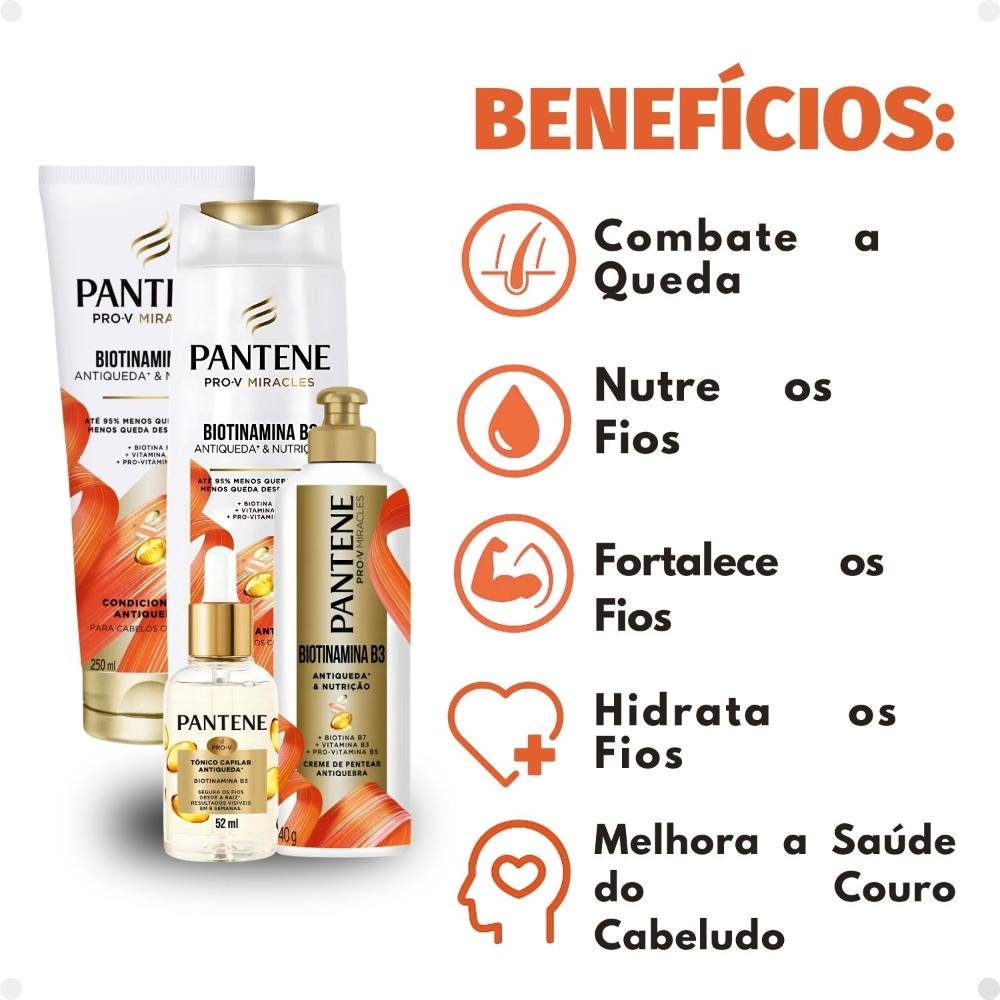 Kit Pantene Biotinamina B3 Antiqueda e Nutrição: Shampoo 300ml e Condicionador 250ml + Tônico 52ml + Creme de Pentear 240g ÚNICO 2