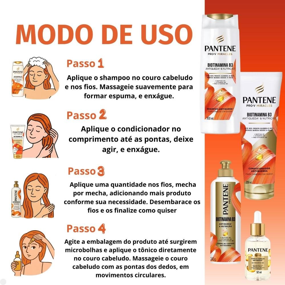 Kit Pantene Biotinamina B3 Antiqueda e Nutrição: Shampoo 300ml e Condicionador 250ml + Tônico 52ml + Creme de Pentear 240g ÚNICO 4