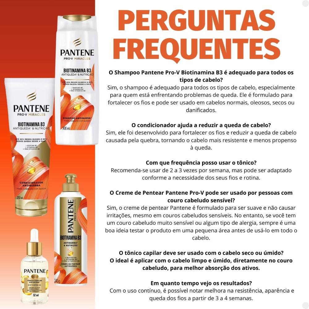 Kit Pantene Biotinamina B3 Antiqueda e Nutrição: Shampoo 300ml e Condicionador 250ml + Tônico 52ml + Creme de Pentear 240g ÚNICO 5
