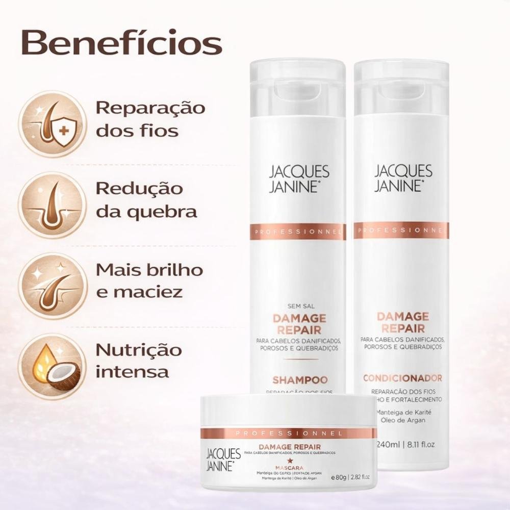 Kit Jacques Janine Damage Repair: Shampoo, Condicionador e Máscara Capilar 80g ÚNICO 2