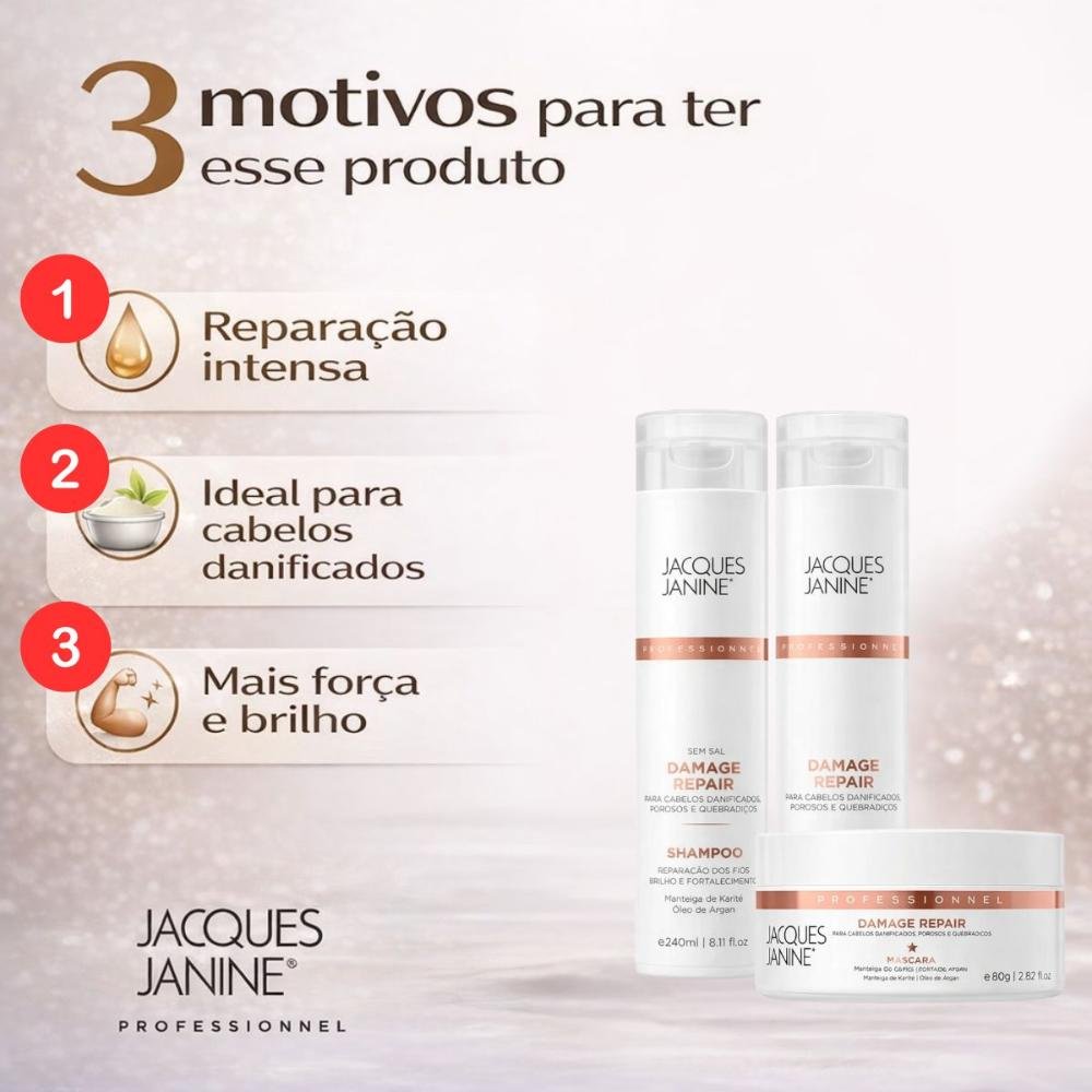 Kit Jacques Janine Damage Repair: Shampoo, Condicionador e Máscara Capilar 80g ÚNICO 6