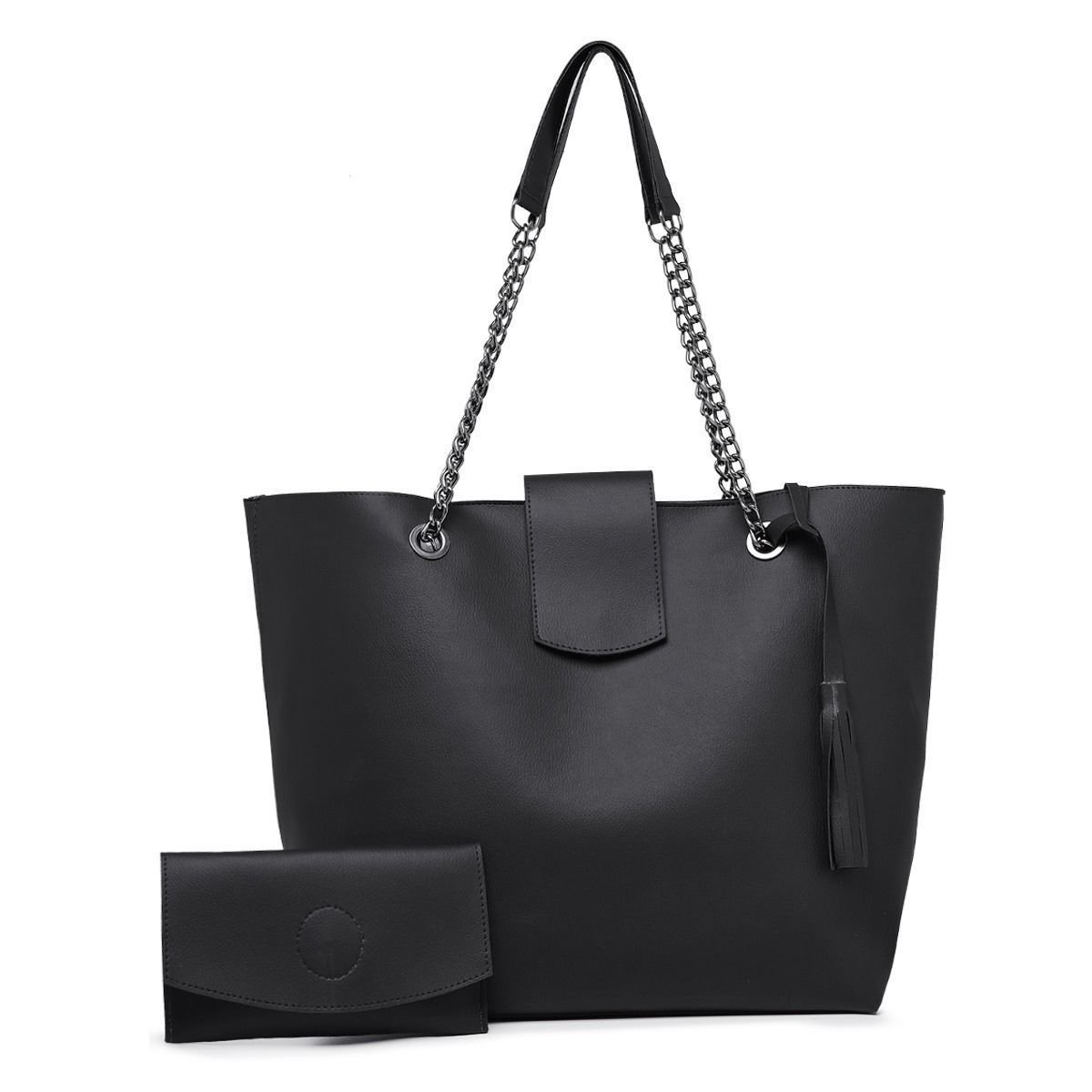 Bolsa Sacola Grande Feminina Preta Alça De Corrente CM SHOES Bag Saco De Ombro Preto 1