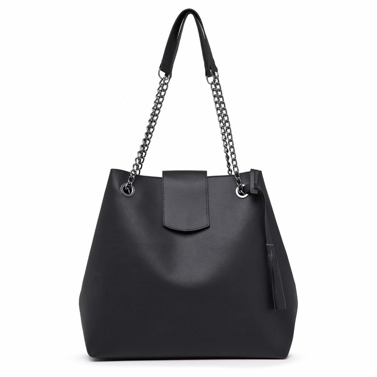 Bolsa Sacola Grande Feminina Preta Alça De Corrente CM SHOES Bag Saco De Ombro Preto 4