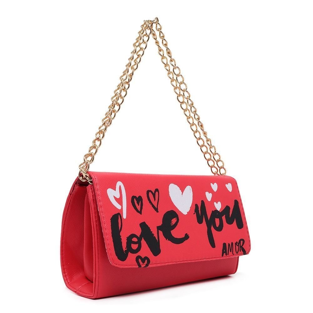 Clutch Feminina Pequena Vermelho Estampada CM SHOES Balada Alça Corrente Vermelho 2