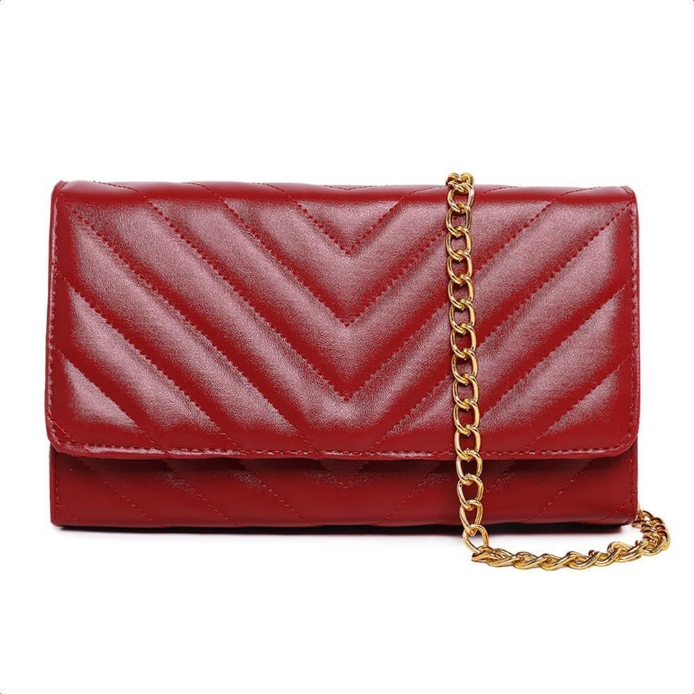 Bolsa Feminina Pequena Clutch Vermelho Bordado Alça Corrente Dourado Vermelho 1