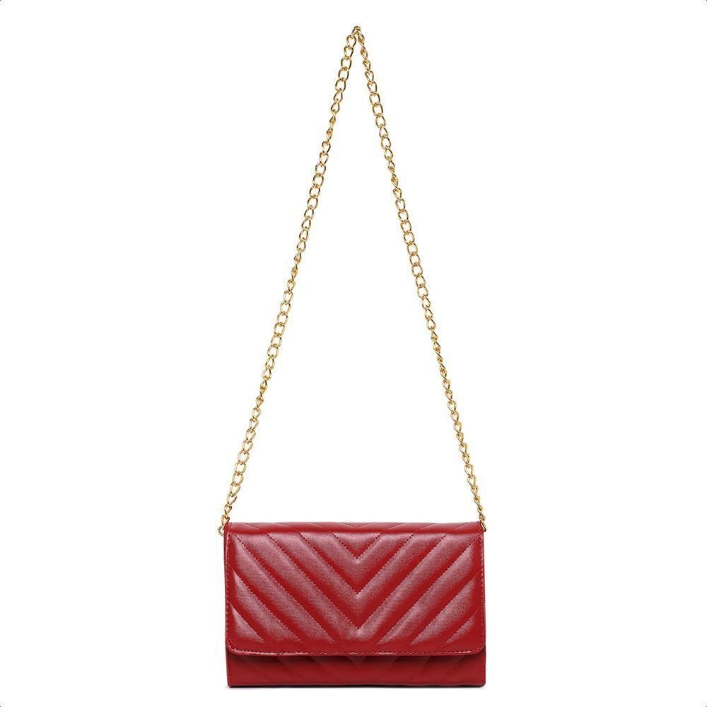 Bolsa Feminina Pequena Clutch Vermelho Bordado Alça Corrente Dourado Vermelho 2