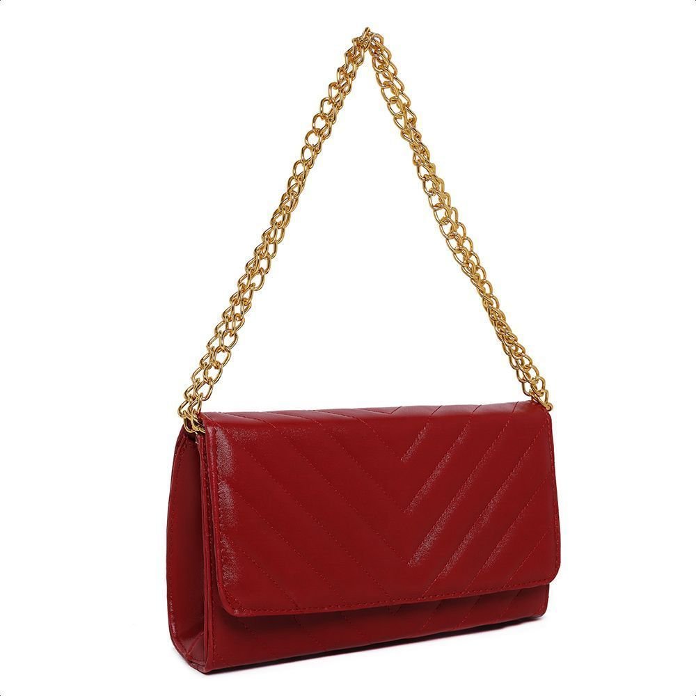 Bolsa Feminina Pequena Clutch Vermelho Bordado Alça Corrente Dourado Vermelho 4