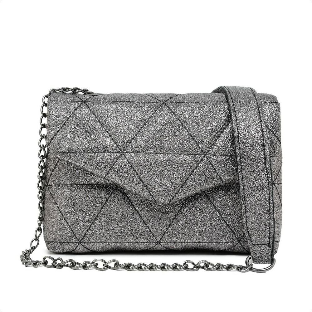 Bolsa Clutch Feminina Pequena Cinza Metalizada Bordada Alça Corrente CM SHOES Festa Balada Festival