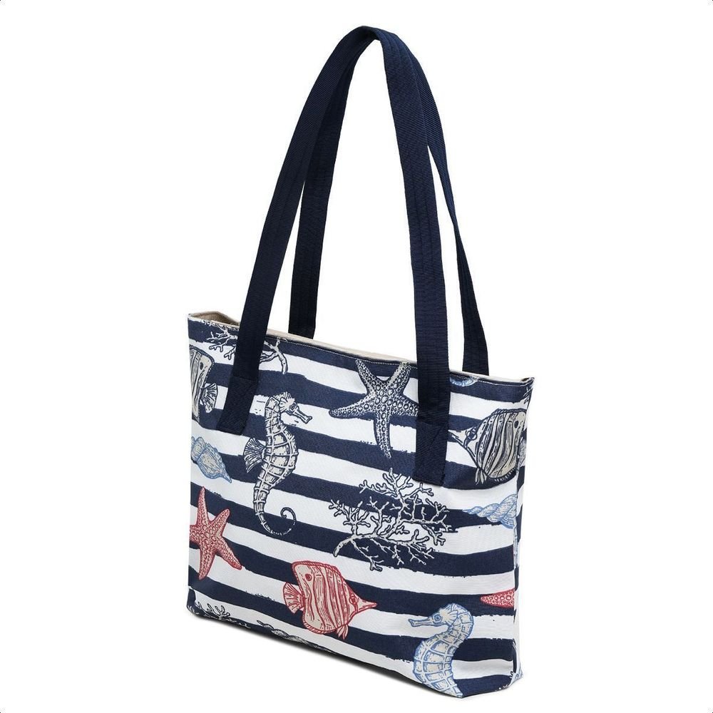 Bolsa Sacola De Ombro E Mão Grande Moda Praia Verão Dia a Dia Lona Listrada E Estampada Fecho Zíper