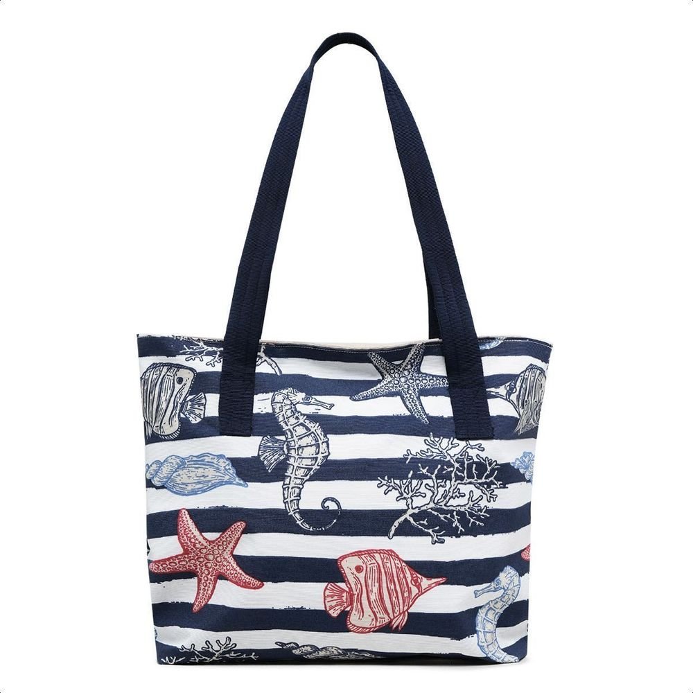 Bolsa Sacola De Ombro E Mão Grande Moda Praia Verão Dia a Dia Lona Listrada E Estampada Fecho Zíper Azul 2