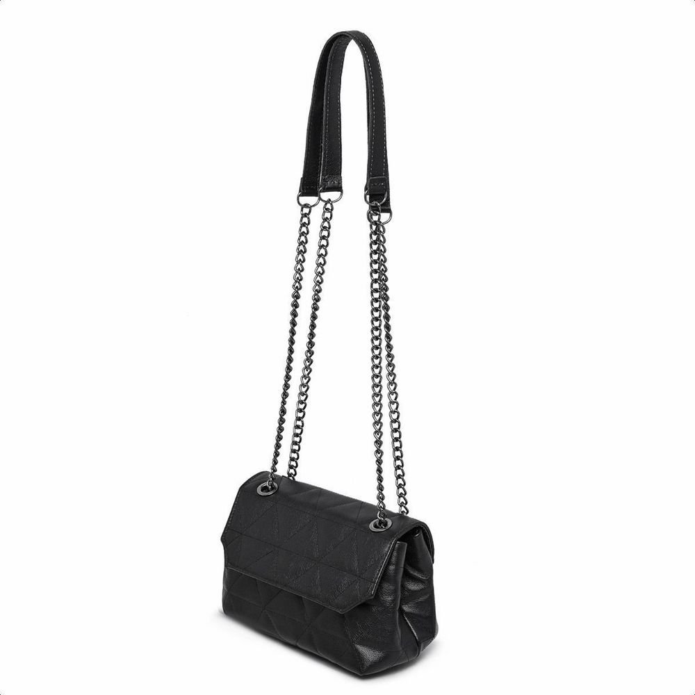 Bolsa Feminina De Couro Legitimo Preto Bordada Elegante E Carteira Moda Festa Luxo Alça Corrente Grossa Preto 2