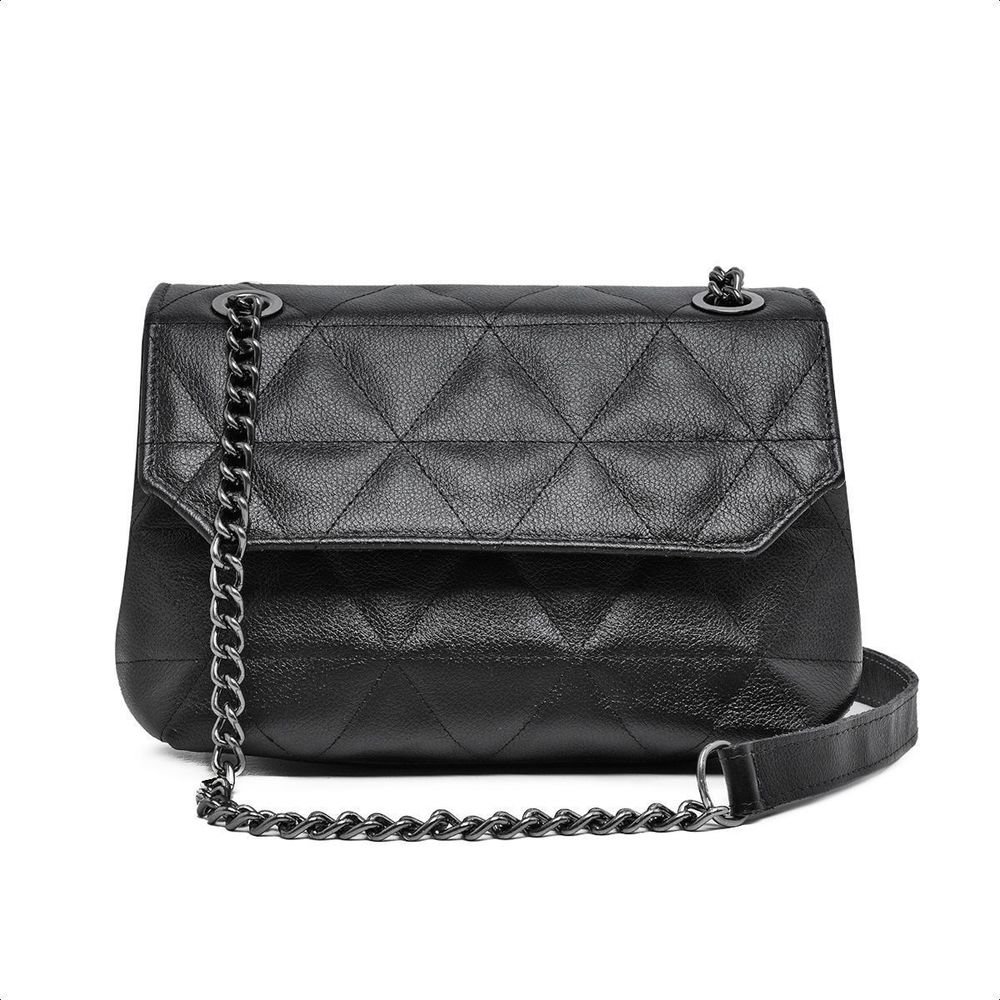 Bolsa Feminina De Couro Legitimo Preto Bordada Elegante E Carteira Moda Festa Luxo Alça Corrente Grossa Preto 4