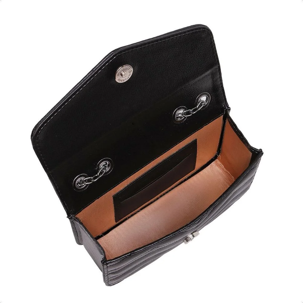 Bolsa Feminina Pequena De Ombro e Mão Preta Alça Corrente E Carteira Moda Festa Elegante Clutch Couro PU Preto 3