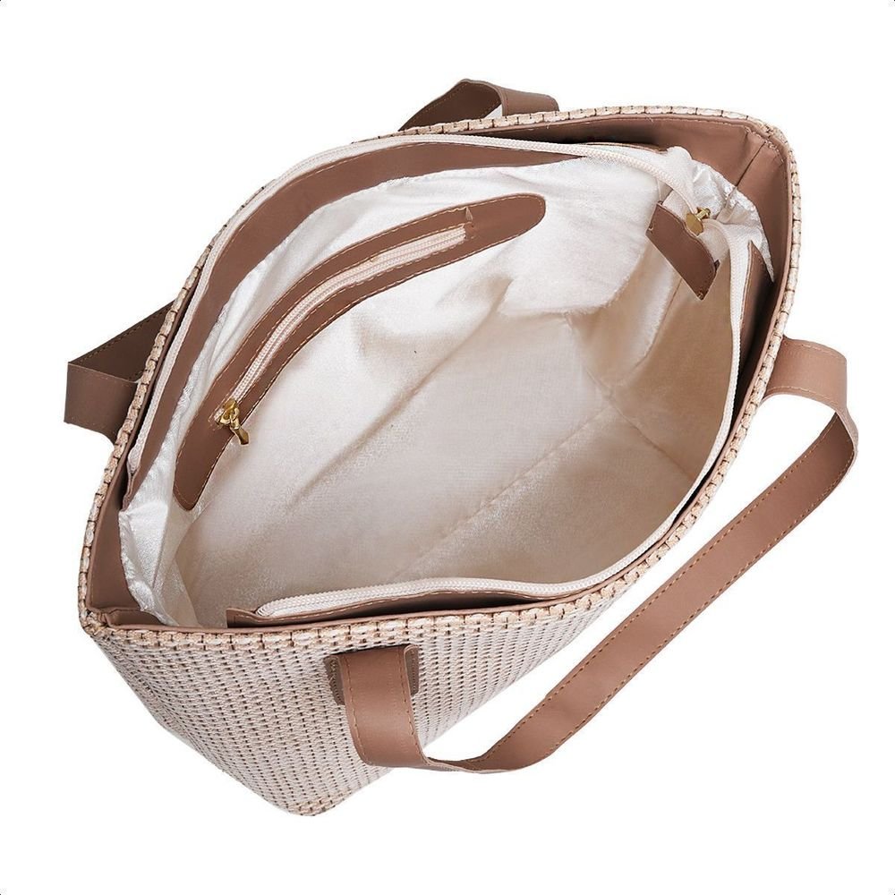 Bolsa Sacola Feminina Palha Com Zíper e Alça De Ombro Moda Praia Verão Festa Elegante Bege 2