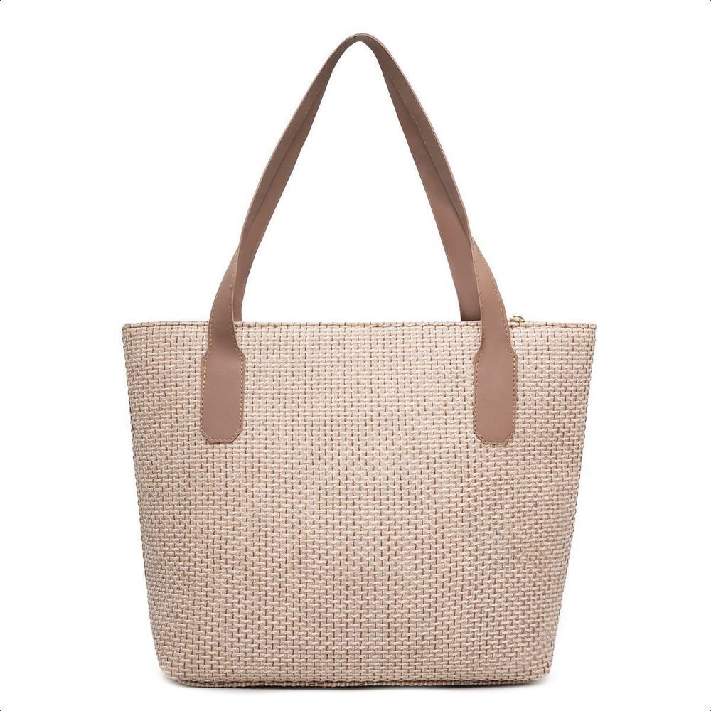 Bolsa Sacola Feminina Palha Com Zíper e Alça De Ombro Moda Praia Verão Festa Elegante Bege 3