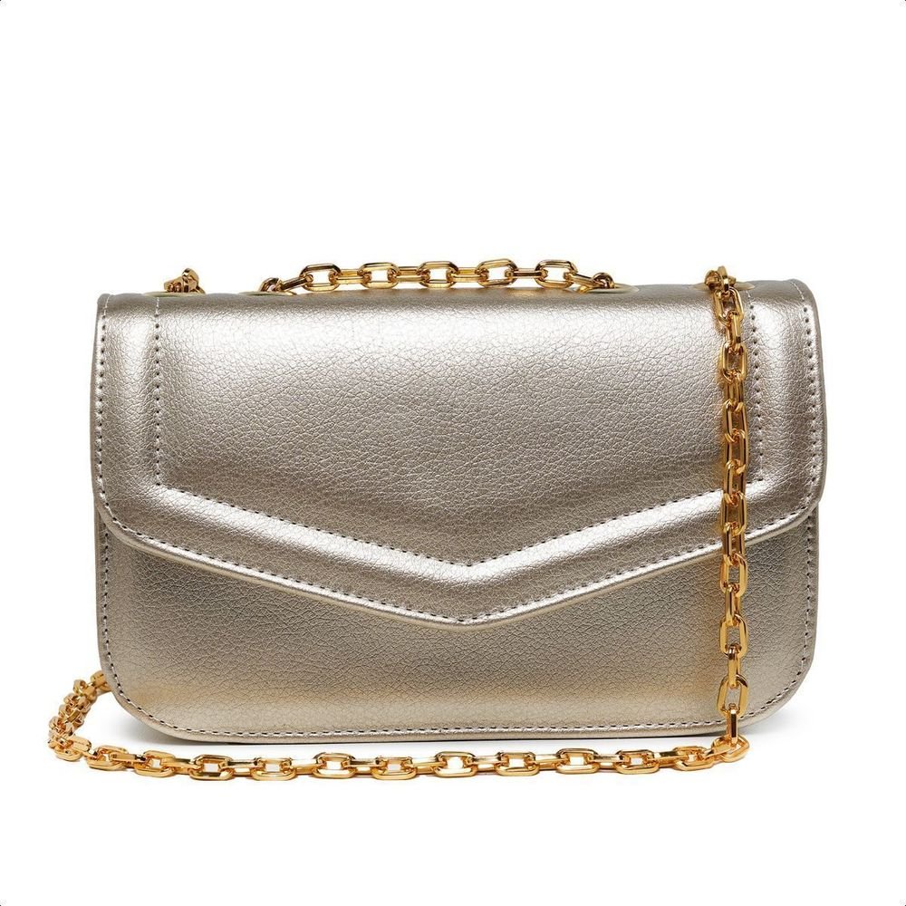Bolsa Feminina Dourada Pequena Alça Corrente De Ombro Clutch Carteira Porta Celular Couro PU Elegante Festa CM SHOES