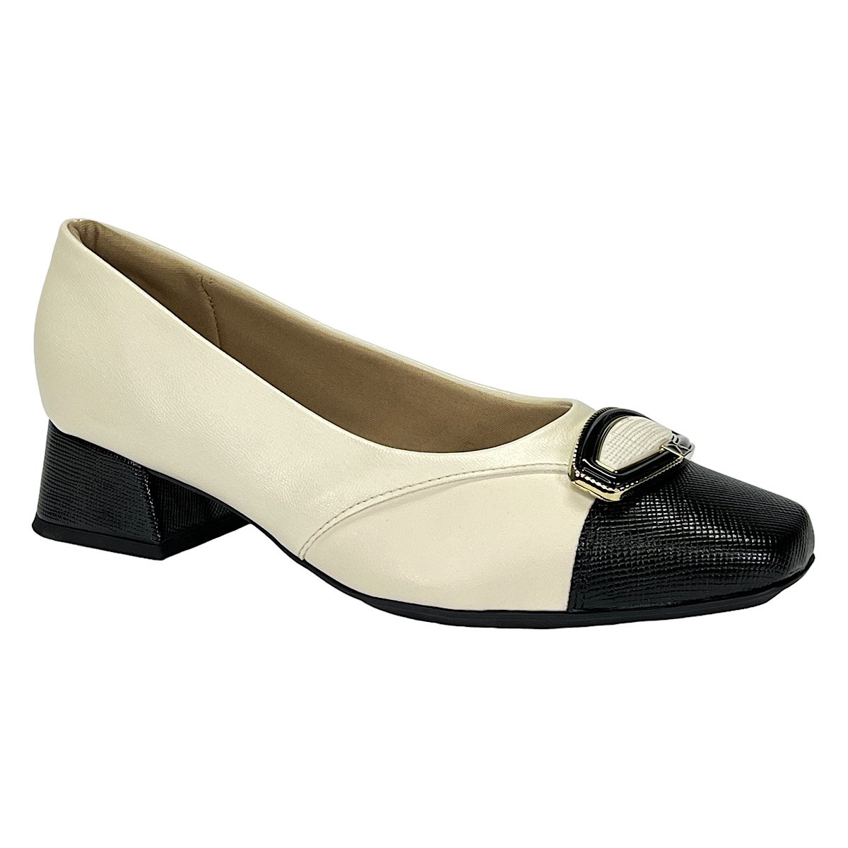 Sapato Piccadilly Scarpin Tati 160085 Off White/Preto Branco/Preto 1