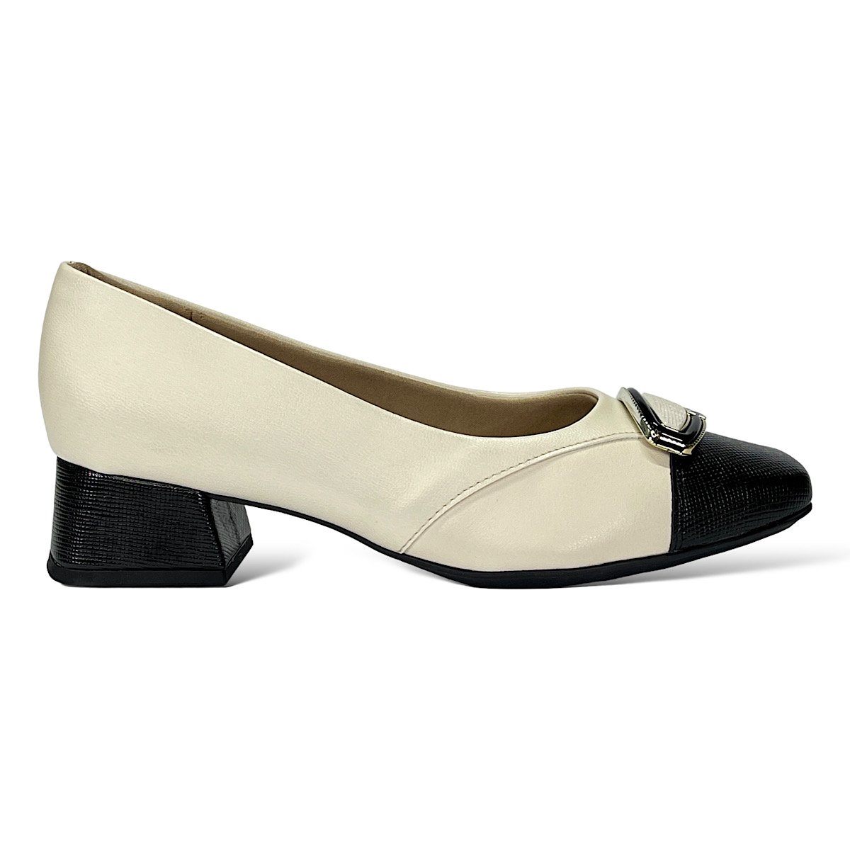 Sapato Piccadilly Scarpin Tati 160085 Off White/Preto Branco/Preto 2