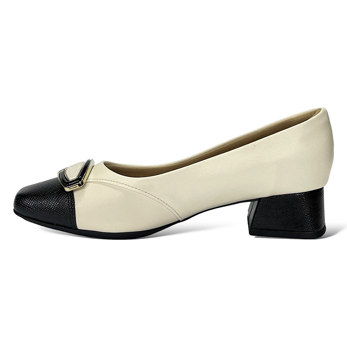 Sapato Piccadilly Scarpin Tati 160085 Off White/Preto Branco/Preto 3