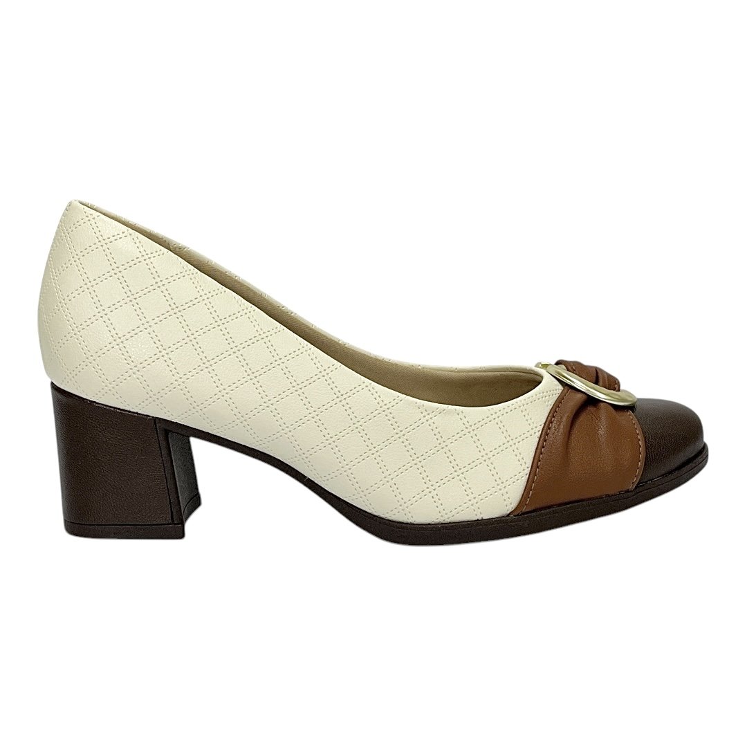 Sapato Piccadilly Scarpin Danubia Salto Médio 654064 Off White/Marrom Bege 2
