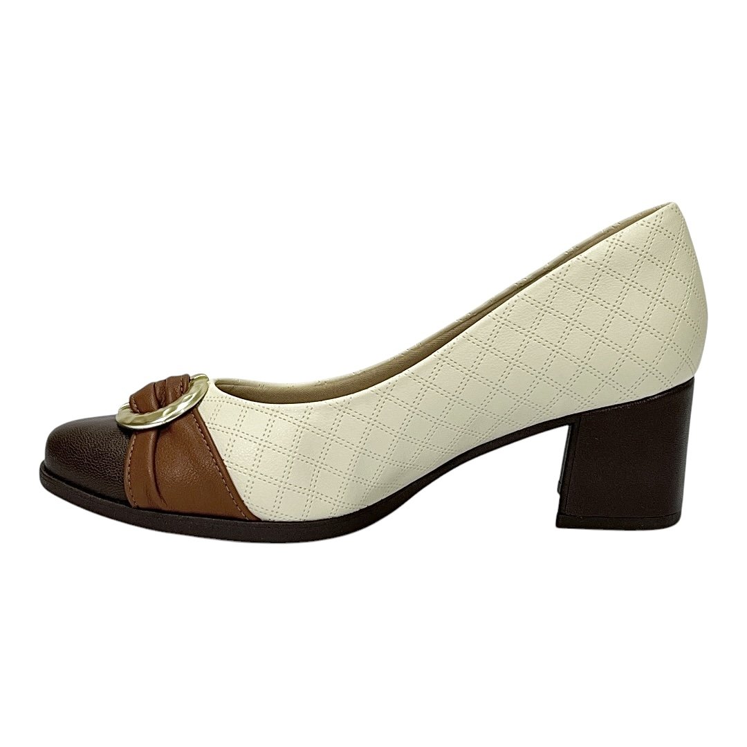 Sapato Piccadilly Scarpin Danubia Salto Médio 654064 Off White/Marrom Bege 3