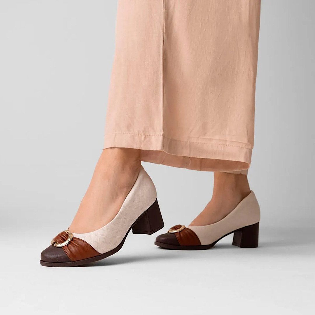Sapato Piccadilly Scarpin Danubia Salto Médio 654064 Off White/Marrom Bege 8