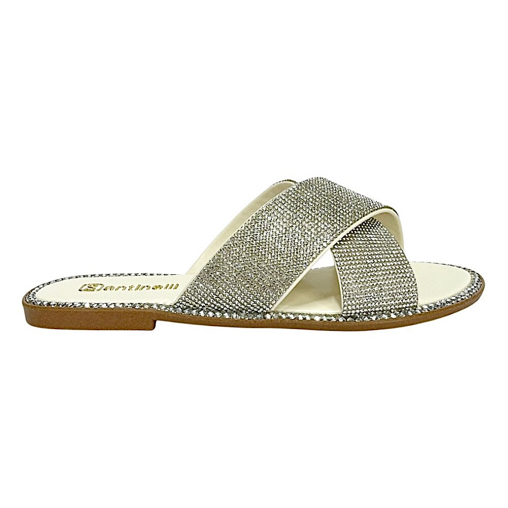 Tamanco Santinelli Flat Strass 1618-006 Marfim Prata 2