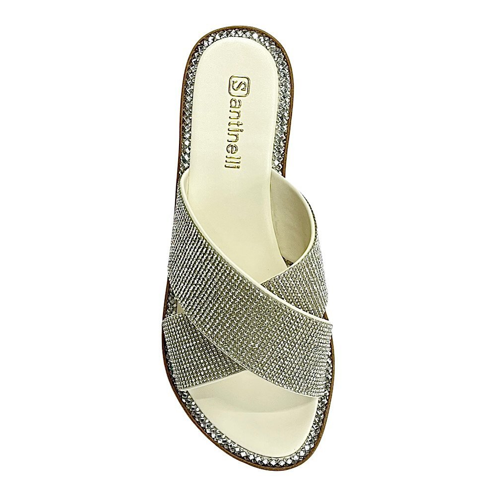 Tamanco Santinelli Flat Strass 1618-006 Marfim Prata 4
