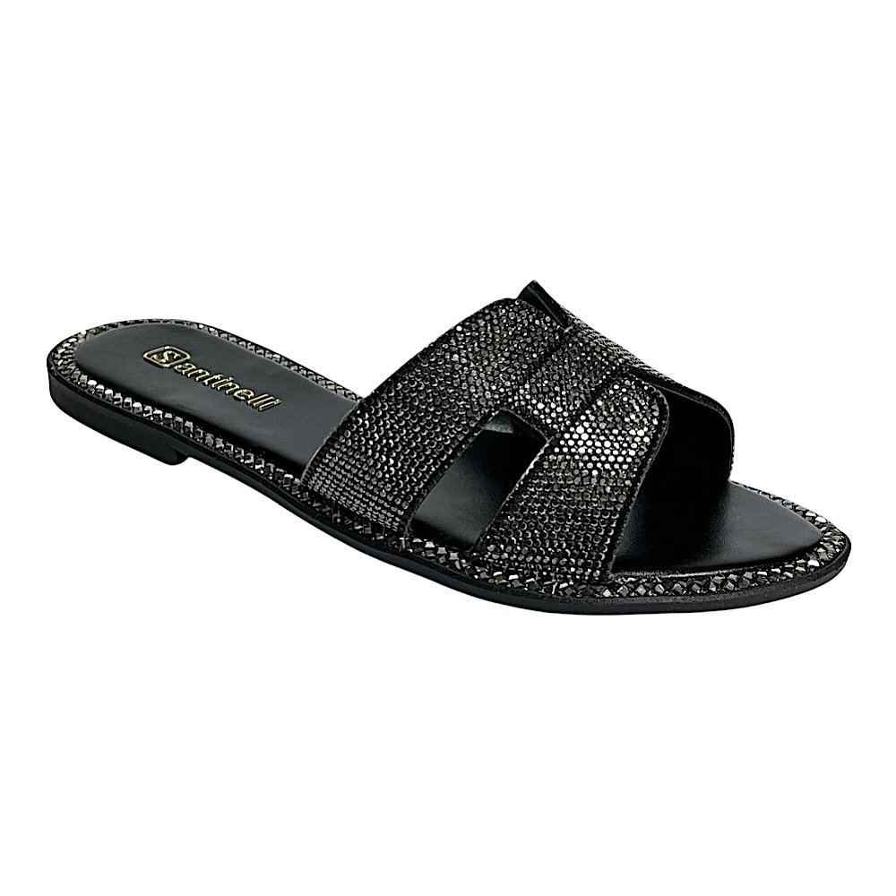 Tamanco Santinelli Flat Slide Strass 1618-019 Preto