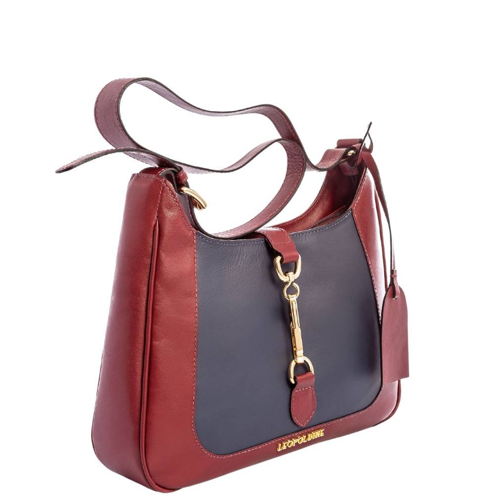 Bolsa Shoulder Leopoldine Vinho com Azul em Couro Legítimo Azul/Marrom 2