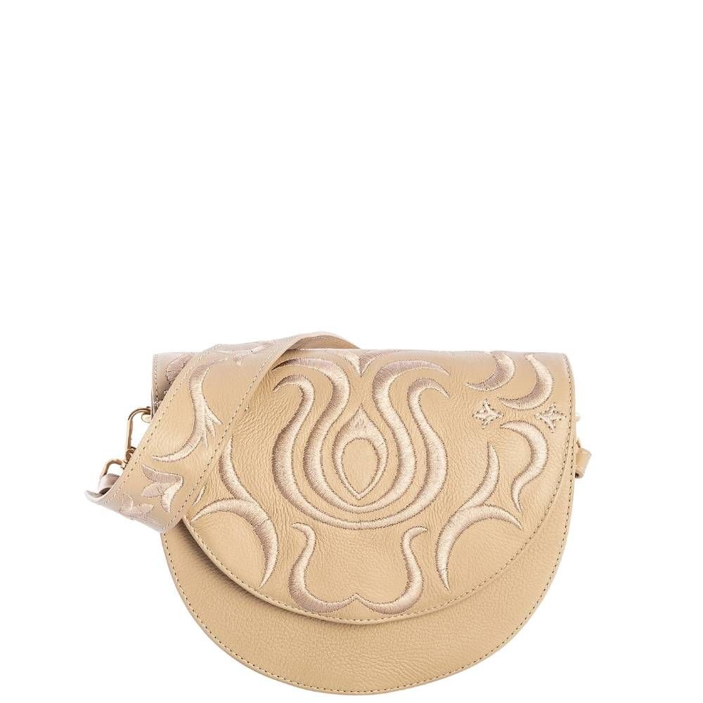 Bolsa Tiracolo Bege em Couro Legítimo Leopoldine com Bordado e Alça Removível Bege 1