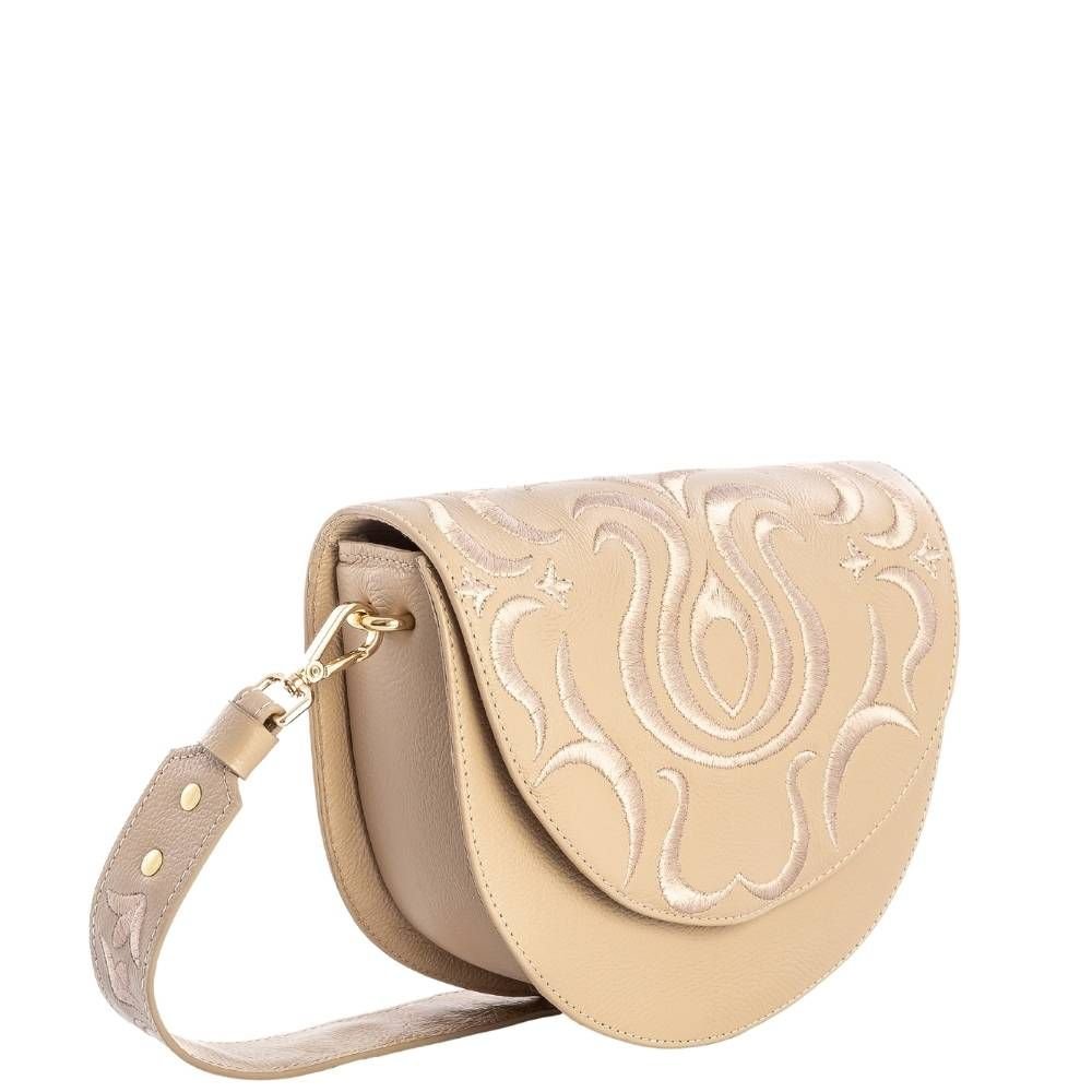 Bolsa Tiracolo Bege em Couro Legítimo Leopoldine com Bordado e Alça Removível Bege 2