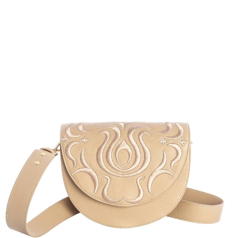 Bolsa Tiracolo Bege em Couro Legítimo Leopoldine com Bordado e Alça Removível Bege 5