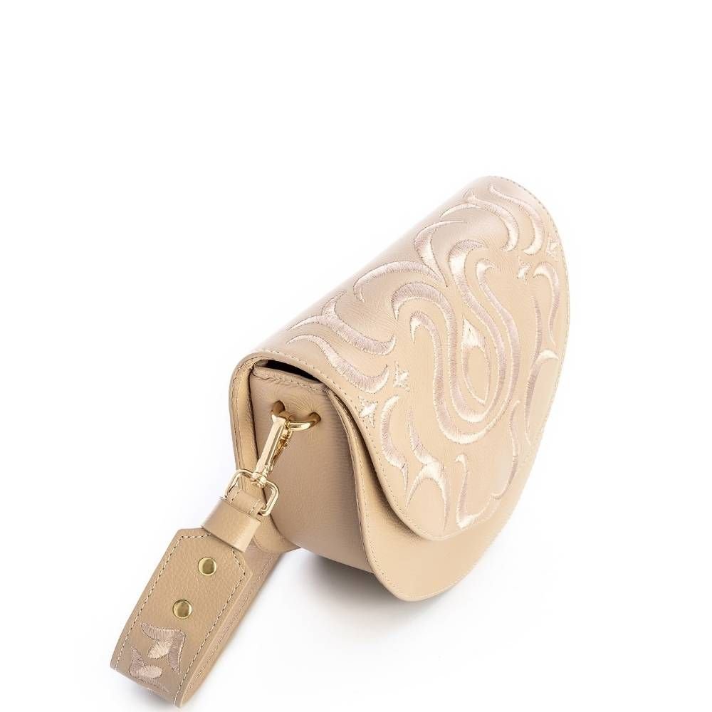Bolsa Tiracolo Bege em Couro Legítimo Leopoldine com Bordado e Alça Removível Bege 6