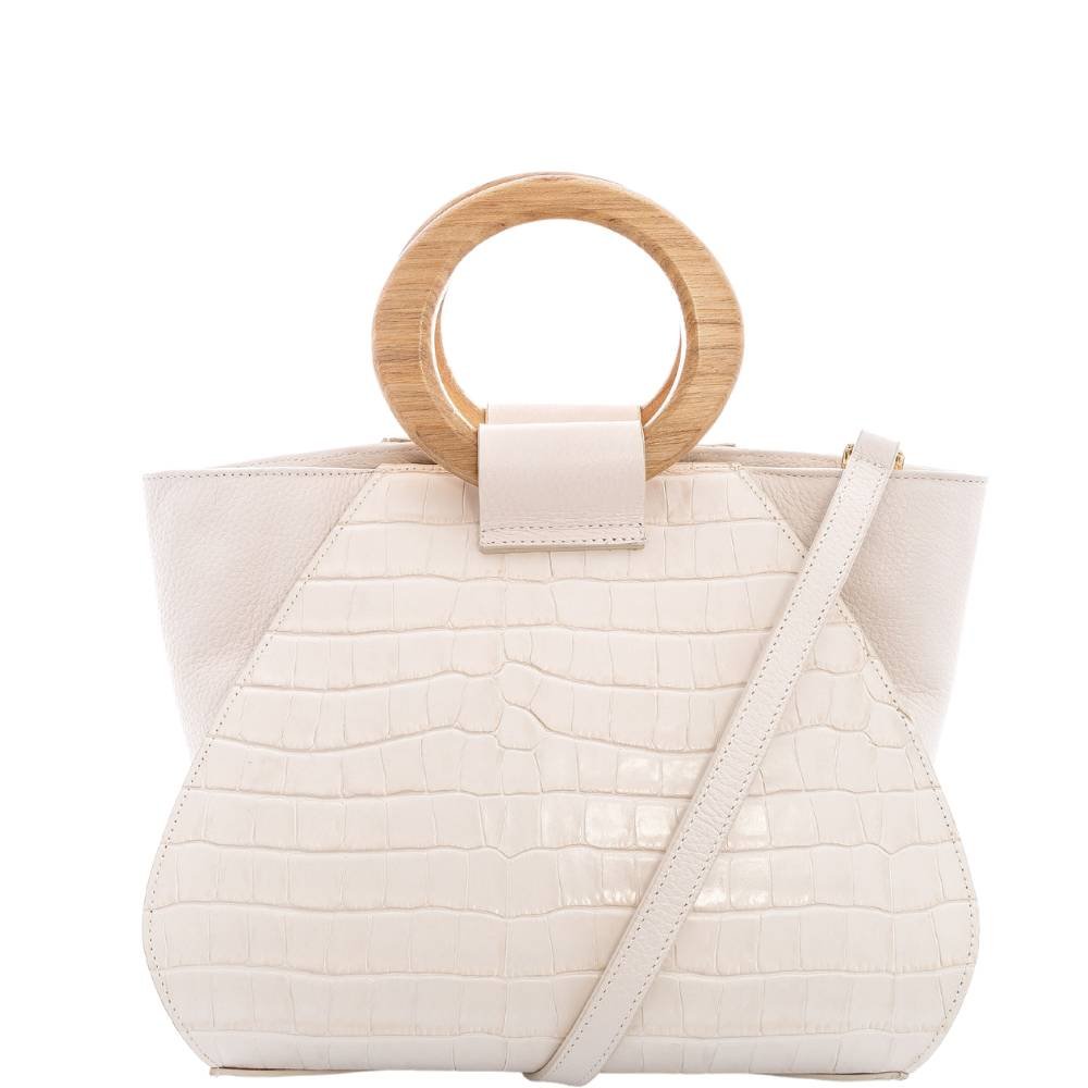 Bolsa de Mão Leopoldine Off White em Couro Legítimo com Alça em Madeira e Tiracolo Removível Branco 1