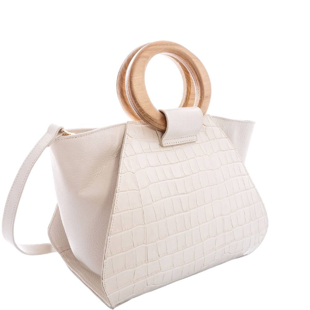 Bolsa de Mão Leopoldine Off White em Couro Legítimo com Alça em Madeira e Tiracolo Removível Branco 2