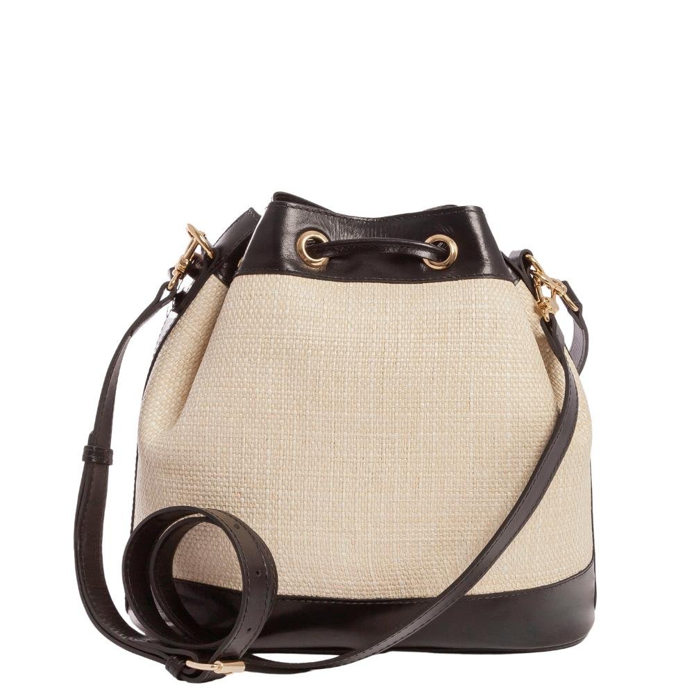 Bolsa Bucket Leopoldine Bege com Viés Preto e Alça Tiracolo Bege 3
