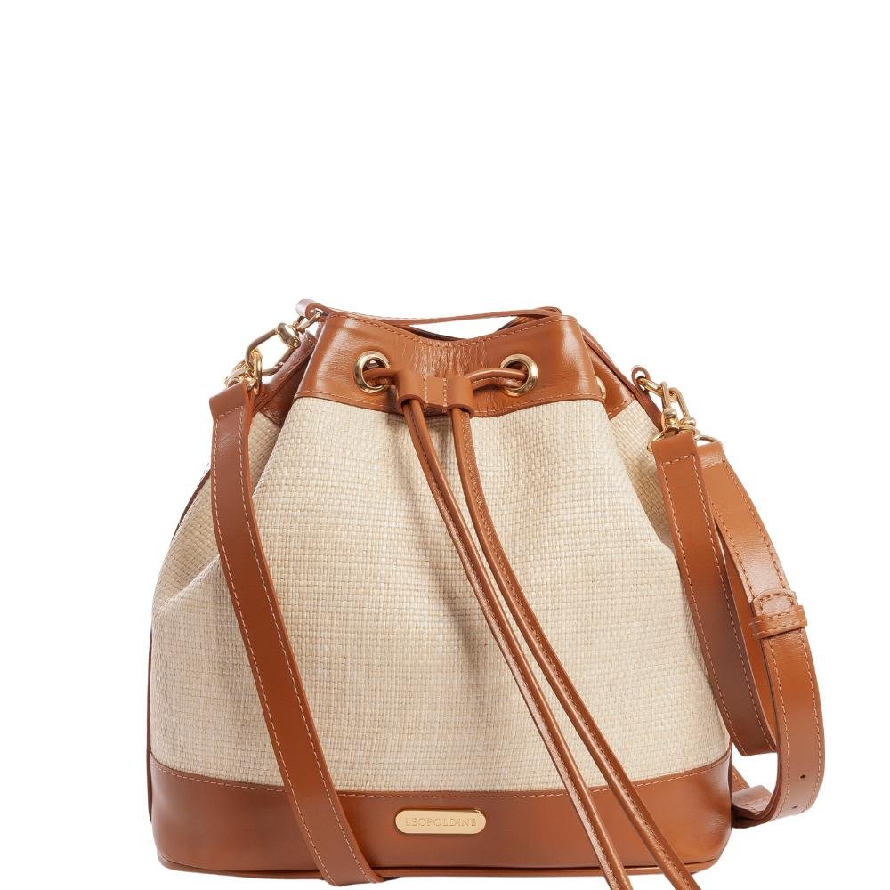 Bolsa Bucket Leopoldine Bege com Viés Caramelo e Alça Tiracolo Bege 1