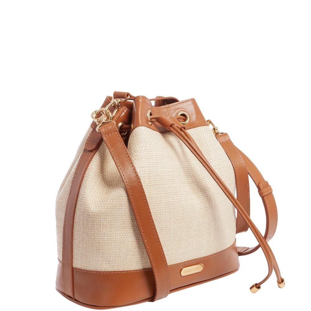 Bolsa Bucket Leopoldine Bege com Viés Caramelo e Alça Tiracolo Bege 2