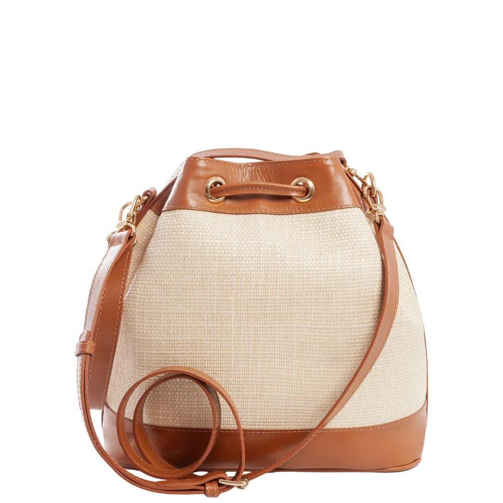 Bolsa Bucket Leopoldine Bege com Viés Caramelo e Alça Tiracolo Bege 3