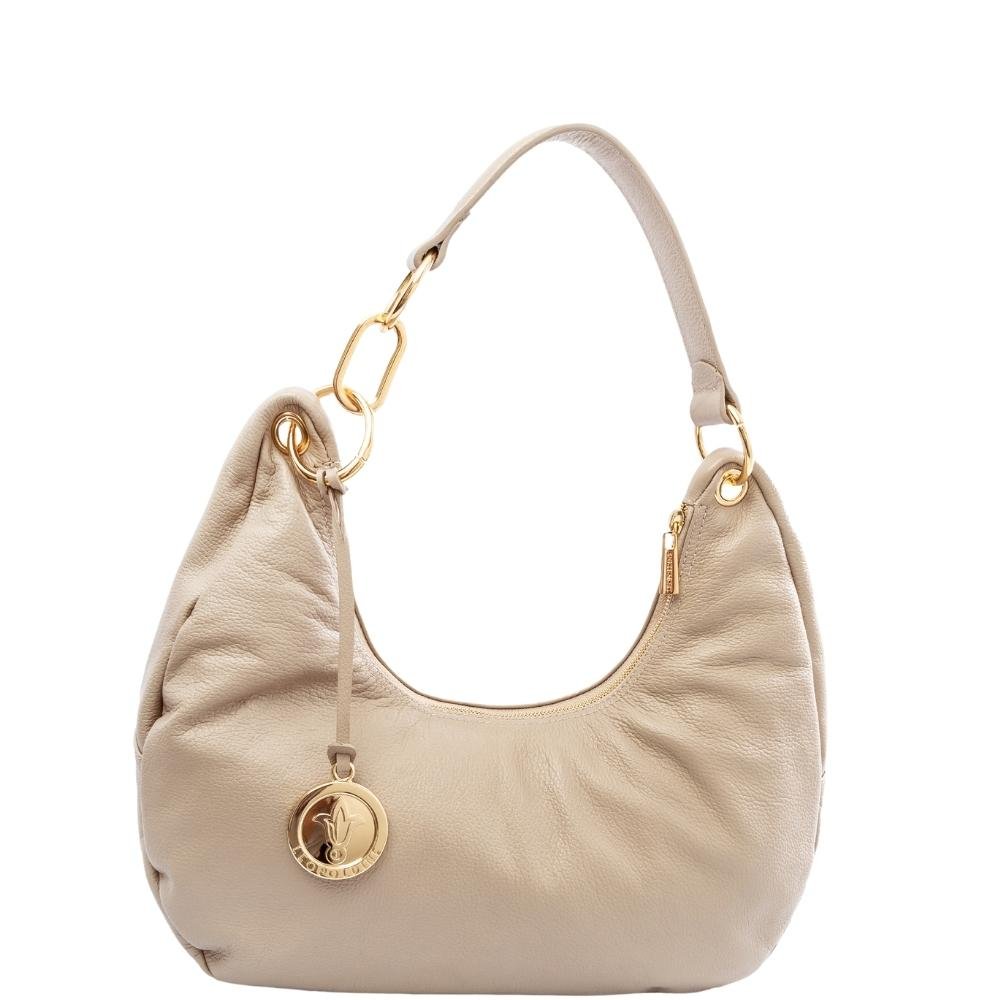 Bolsa Hobo Feminina Leopoldine Couro Legítimo Bege com Fecho em Zíper Marrom 1