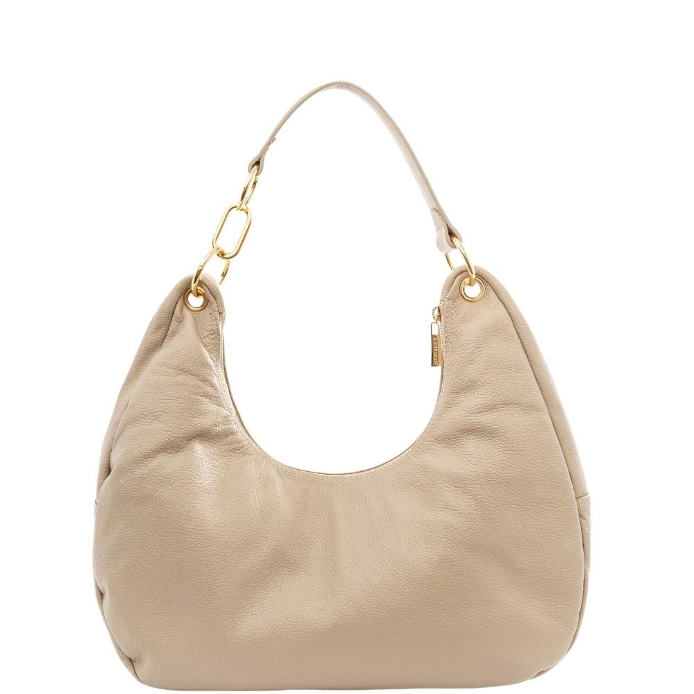 Bolsa Hobo Feminina Leopoldine Couro Legítimo Bege com Fecho em Zíper Marrom 2