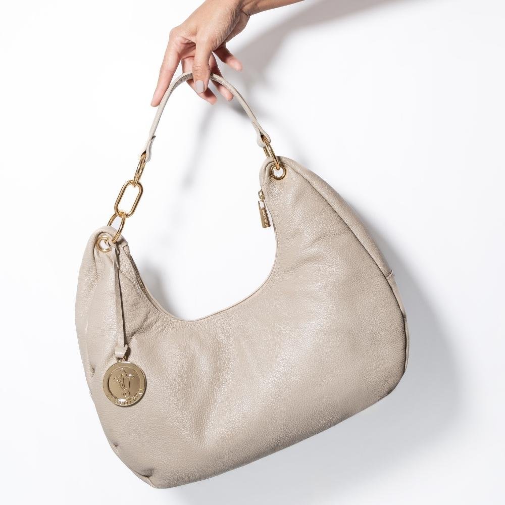 Bolsa Hobo Feminina Leopoldine Couro Legítimo Bege com Fecho em Zíper Marrom 8