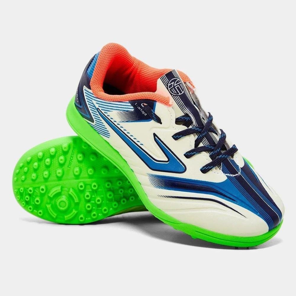 Chuteira Society Topper Camaleao Infantil Branco/Azul 2