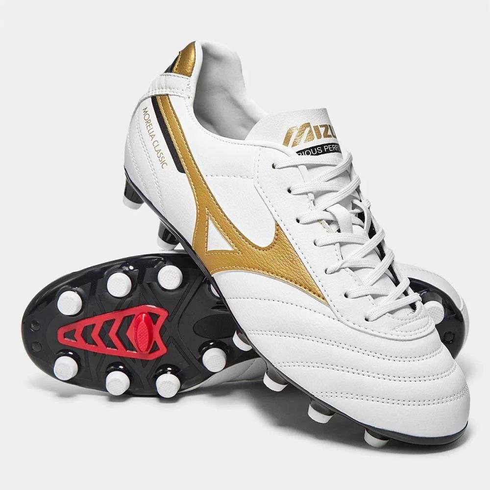 Chuteira Mizuno Campo Morelia Classic Md Masculina Branco/Dourado 2