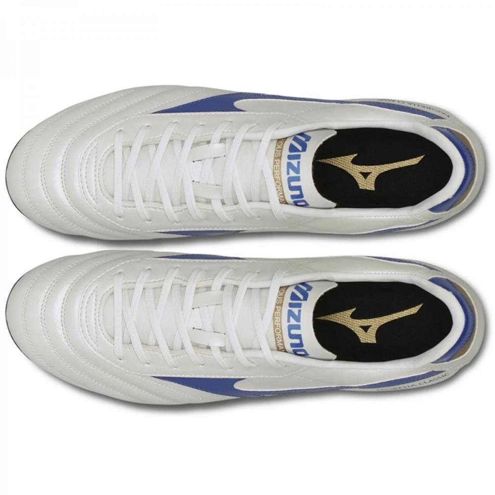Chuteira Mizuno Campo Morelia Classic Md Branco/Azul 2