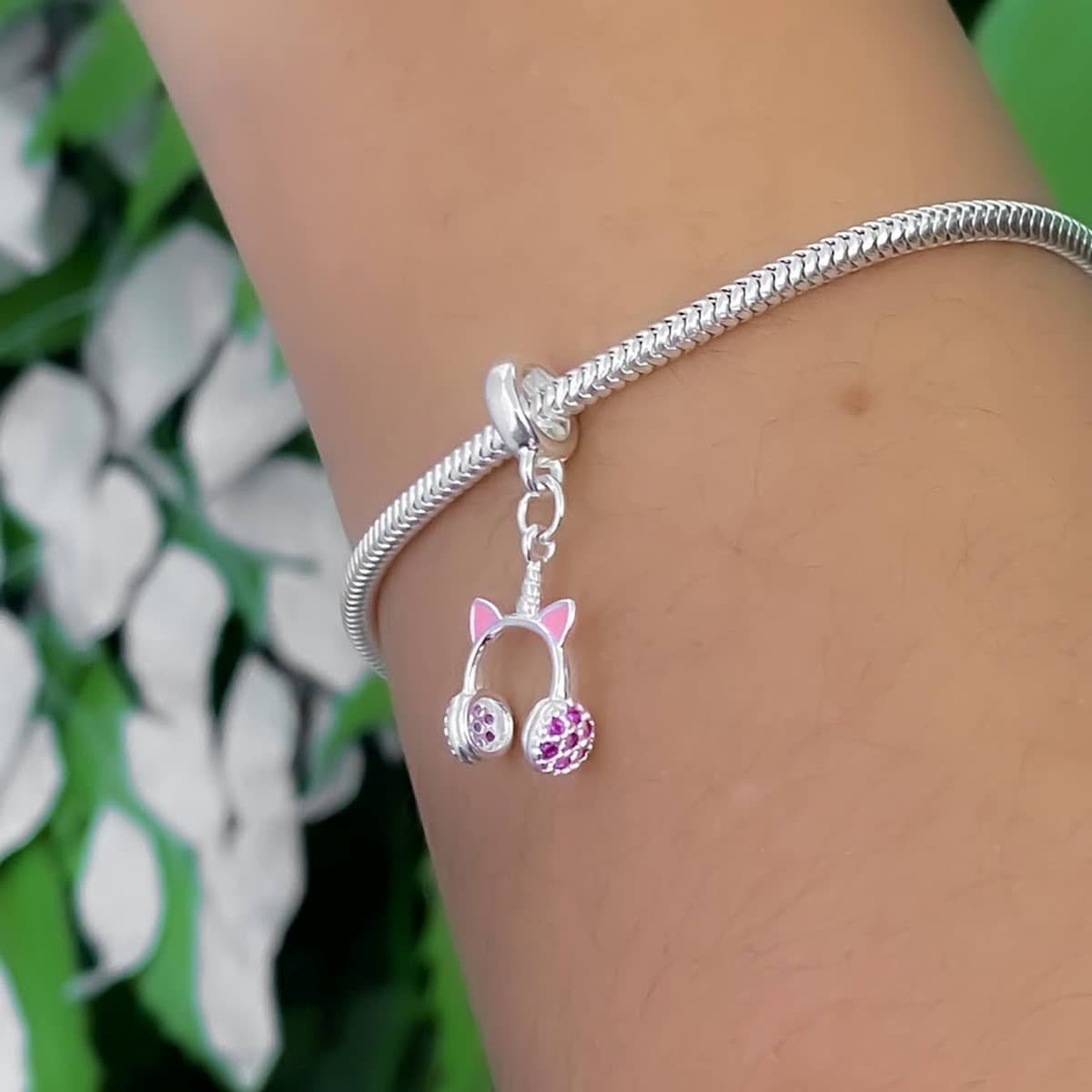 Berloque Fone de Ouvido Gatinha Zircônia Rosa Rosa 3