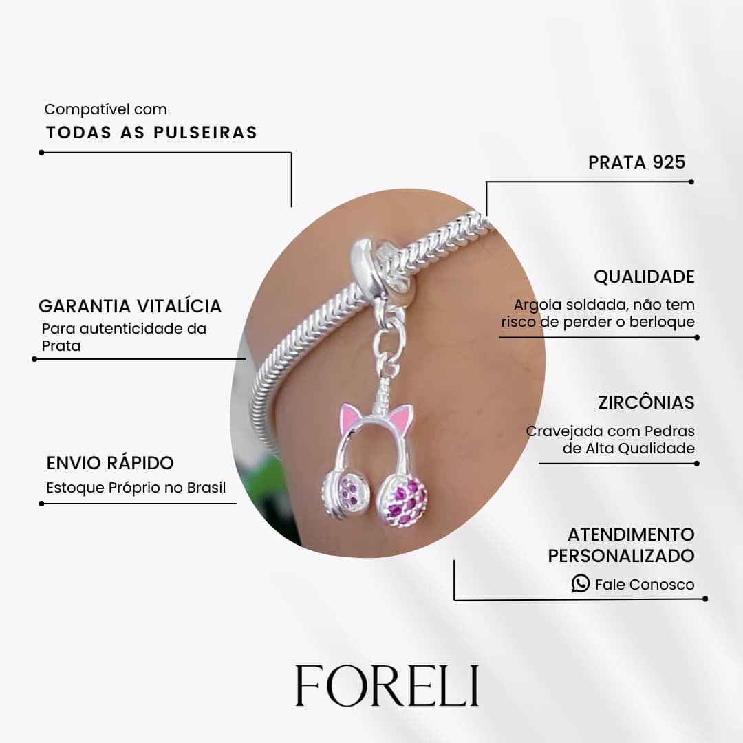 Berloque Fone de Ouvido Gatinha Zircônia Rosa Rosa 4