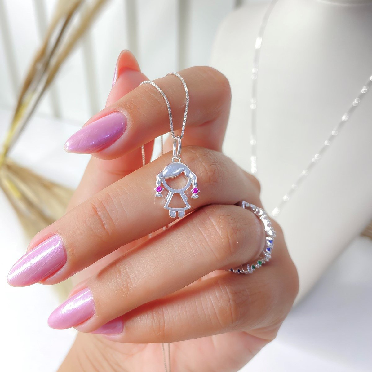 Colar de Prata Menina Zircônia Rosa Rosa 2